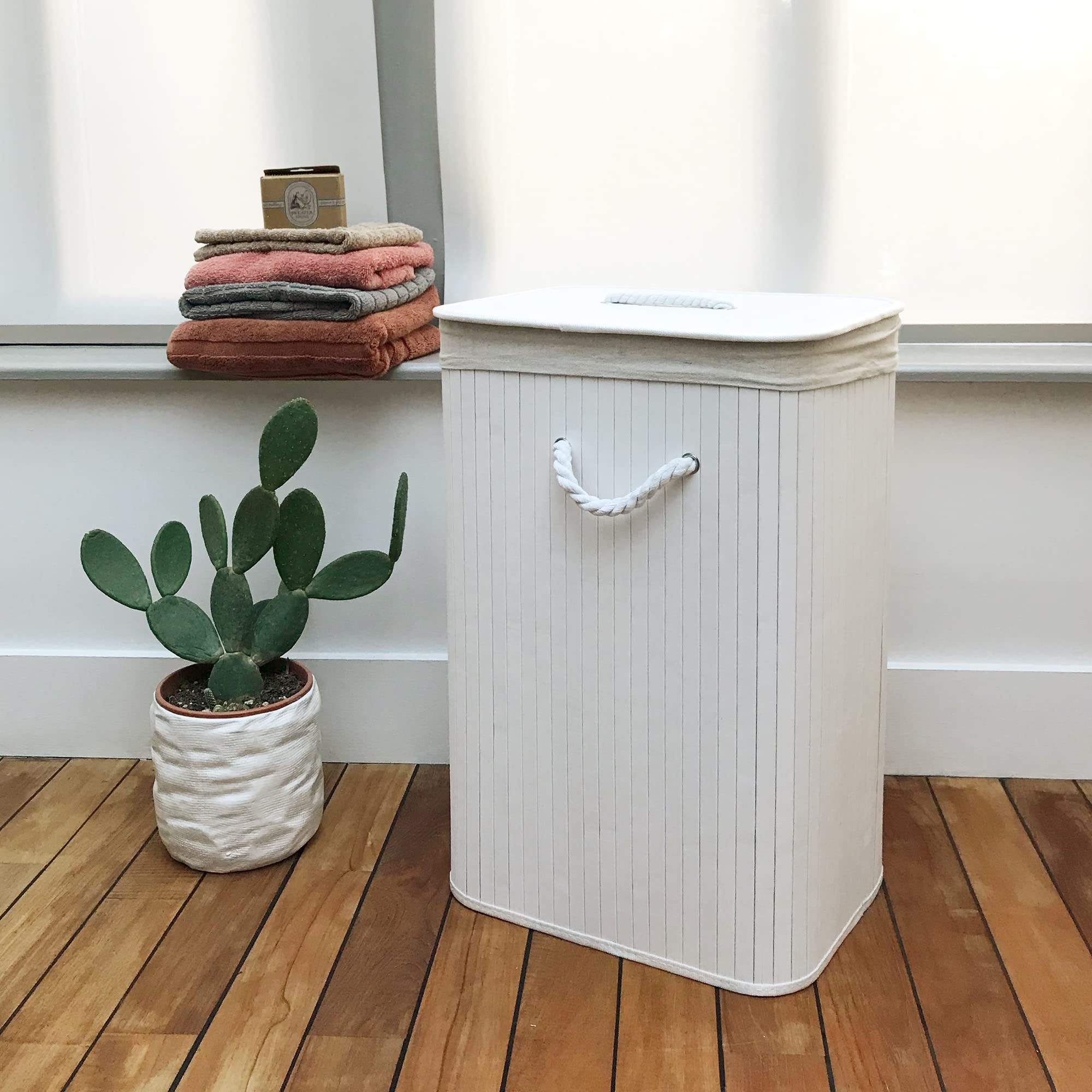 compactor-panier-linge-bambou-blanc-rectangulaire-pliable-avec-couvercle image 3