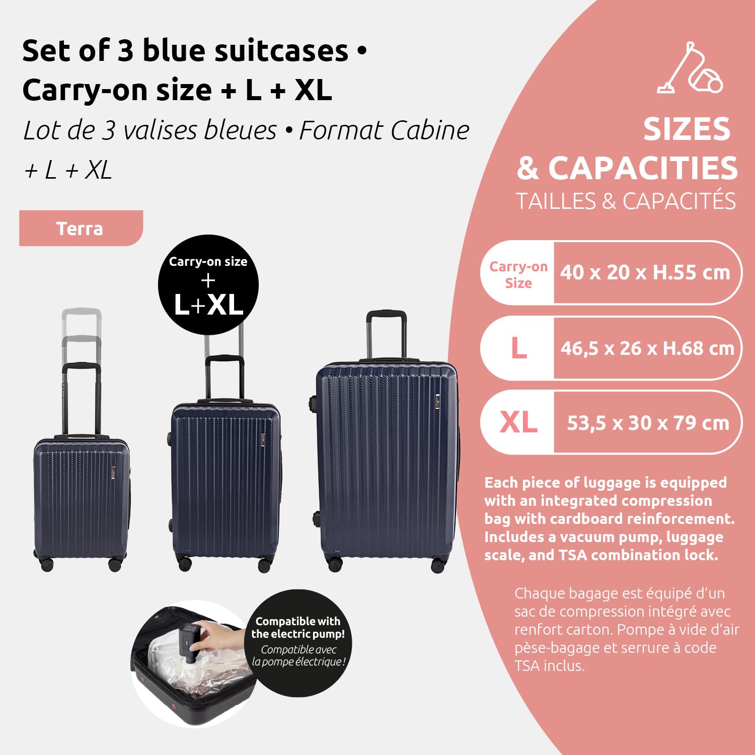compactor-terra-set-de-3-valises-hybrides-s-l-xl-bleu-avec-compression-pompe-et- image 2
