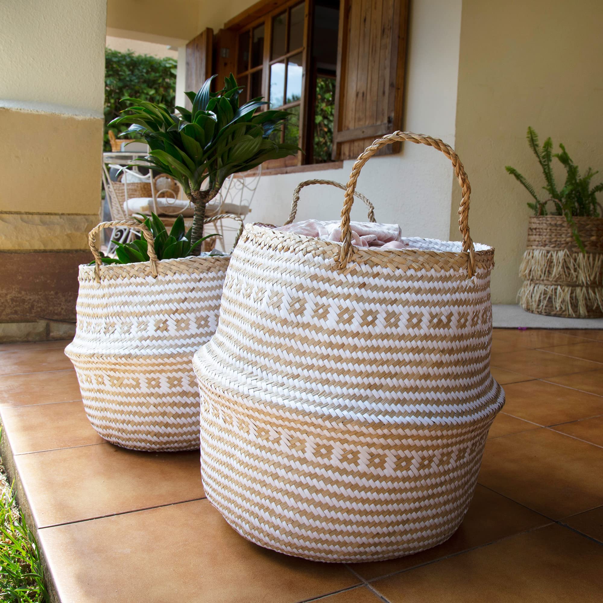 compactor-panier-de-rangement-en-jonc-tiss-medium-35-x-32-cm-brun-naturel-blanc image 8