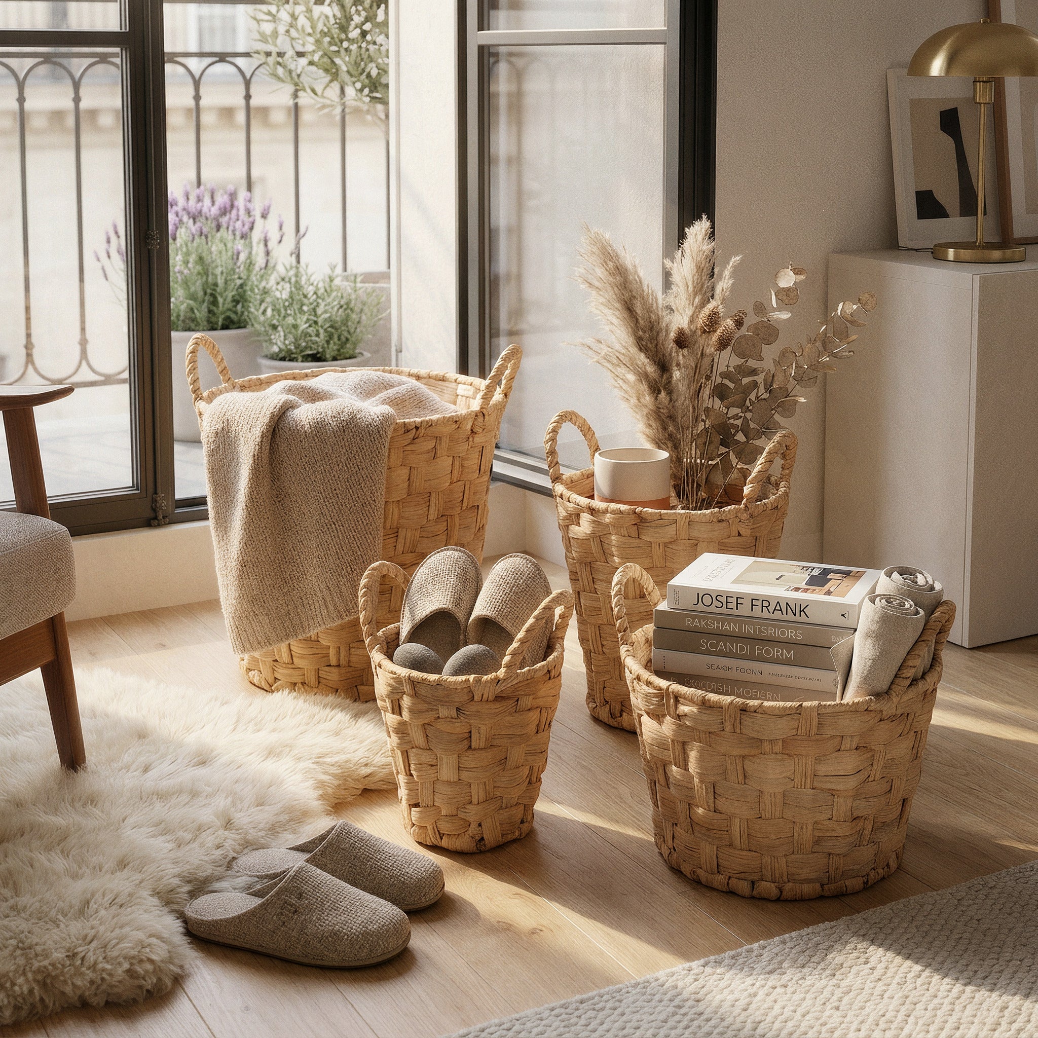 compactor-lot-4-paniers-rangement-jacinthe-d-eau-naturelle-armature-m-tal image 1